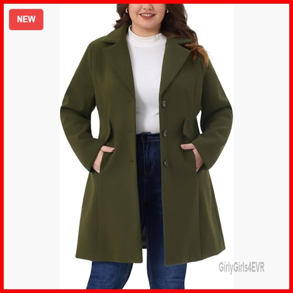 Plus Size Winter Pea Coat Mid Length Notch Lapel Single Breasted Jacket